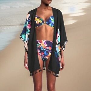 La Blanca Prism Palm Tassel Trim Kimono Swimsuit Cover Up One Size Resort Summer